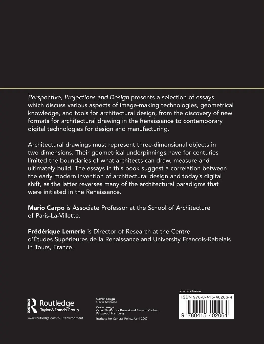 Rückseite: 9780415402064 | Perspective, Projections and Design | Mario Carpo (u. a.) | Buch