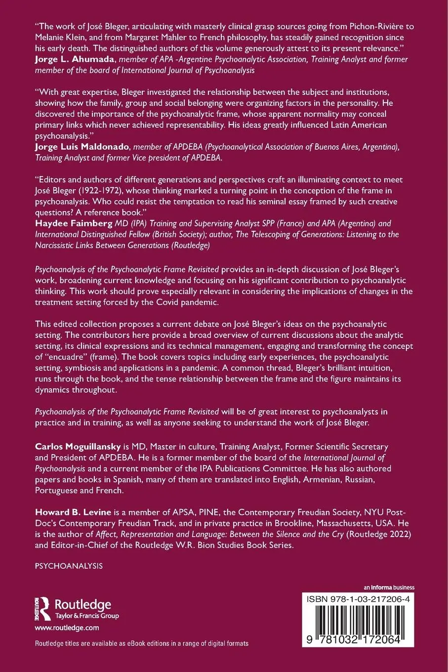 Rückseite: 9781032172064 | Psychoanalysis of the Psychoanalytic Frame Revisited | Taschenbuch