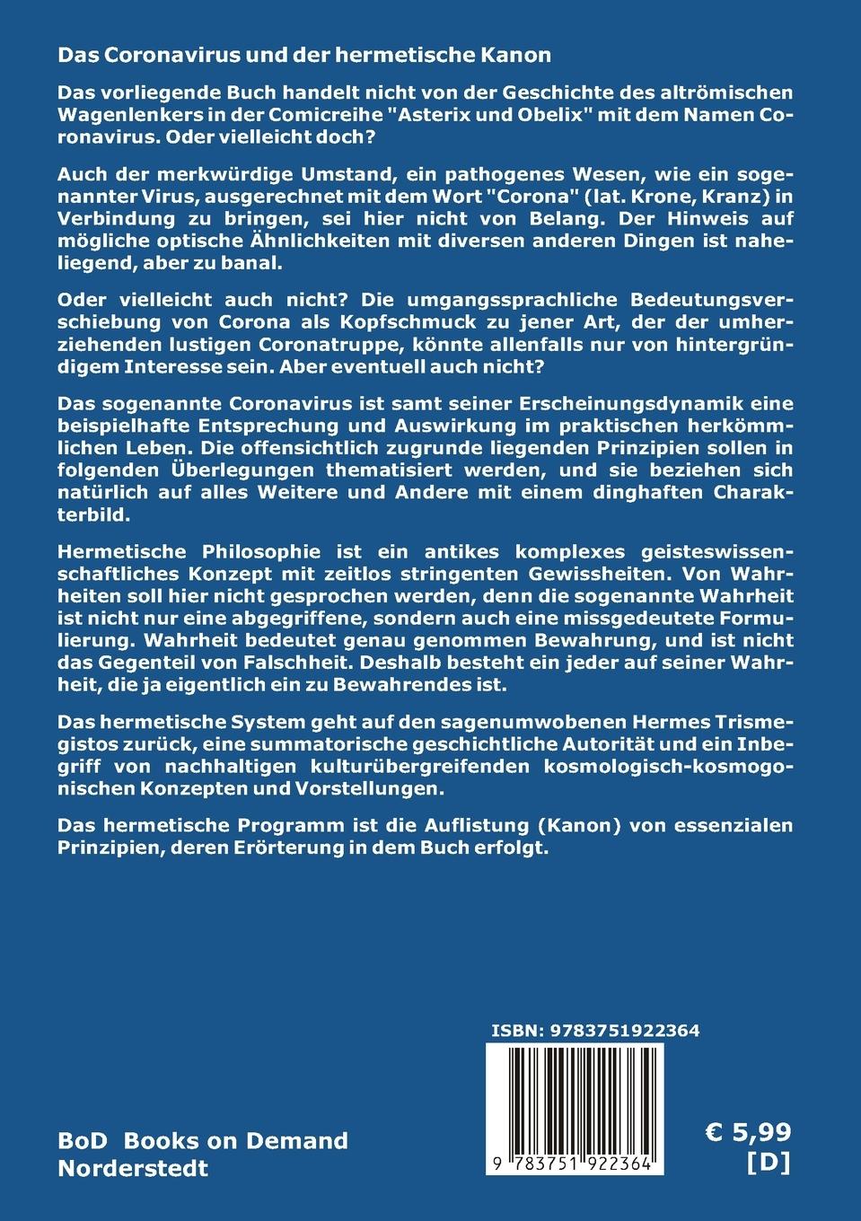 Rückseite: 9783751922364 | Das Coronavirus und der hermetische Kanon | Klaus Rosenlöcher | Buch