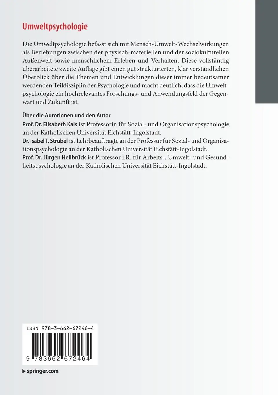 Rückseite: 9783662672464 | Umweltpsychologie | Elisabeth Kals (u. a.) | Taschenbuch | xi | 2023
