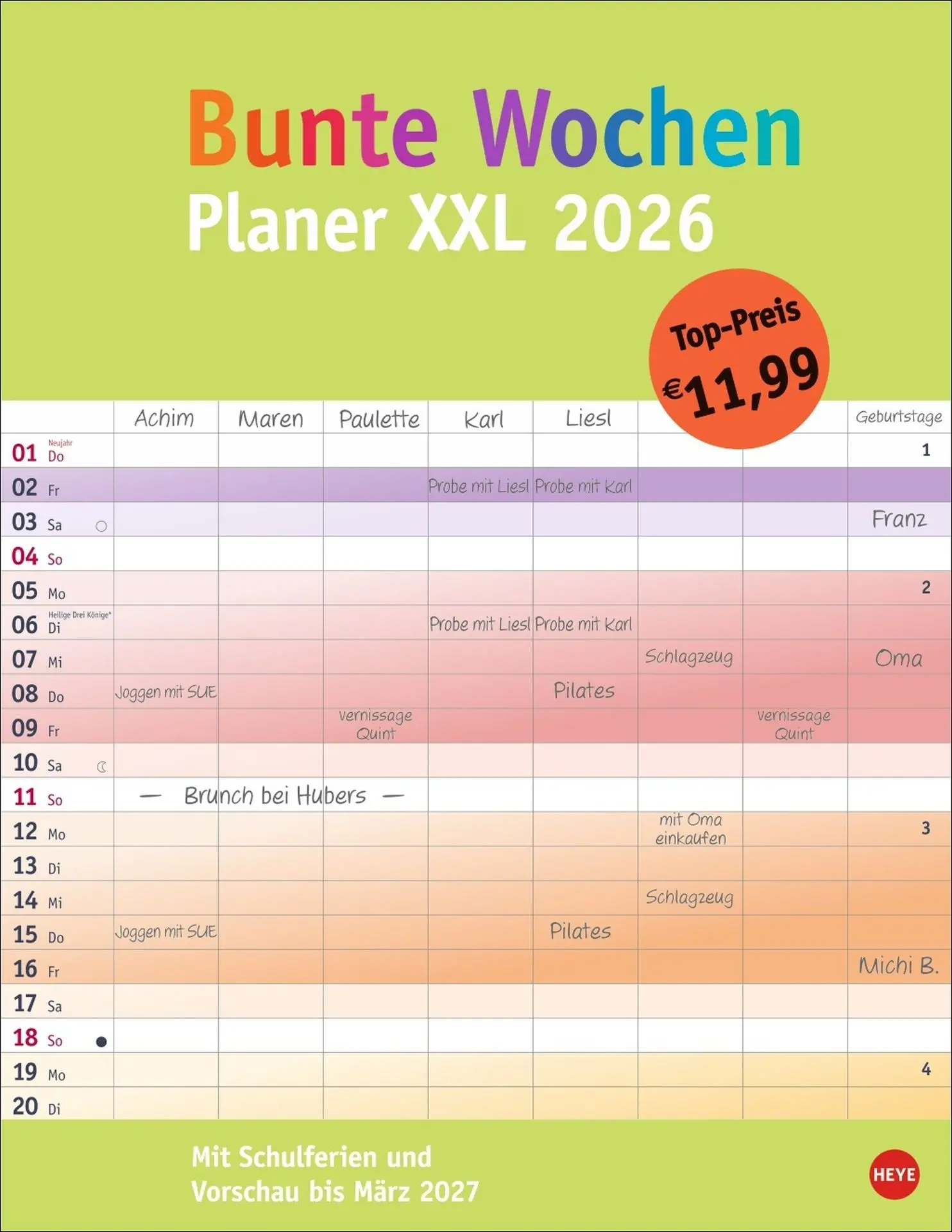 Cover: 9783756412464 | Bunte Wochen Planer XXL 2026 | Kalender | Bürokalender Heye | 14 S.