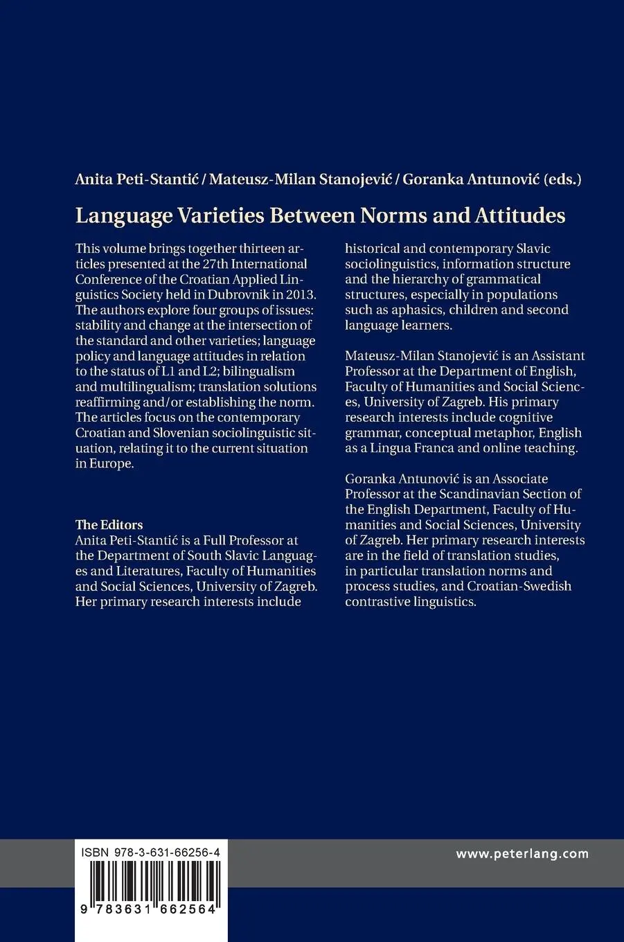Rückseite: 9783631662564 | Language Varieties Between Norms and Attitudes | Peti-Stantic (u. a.)