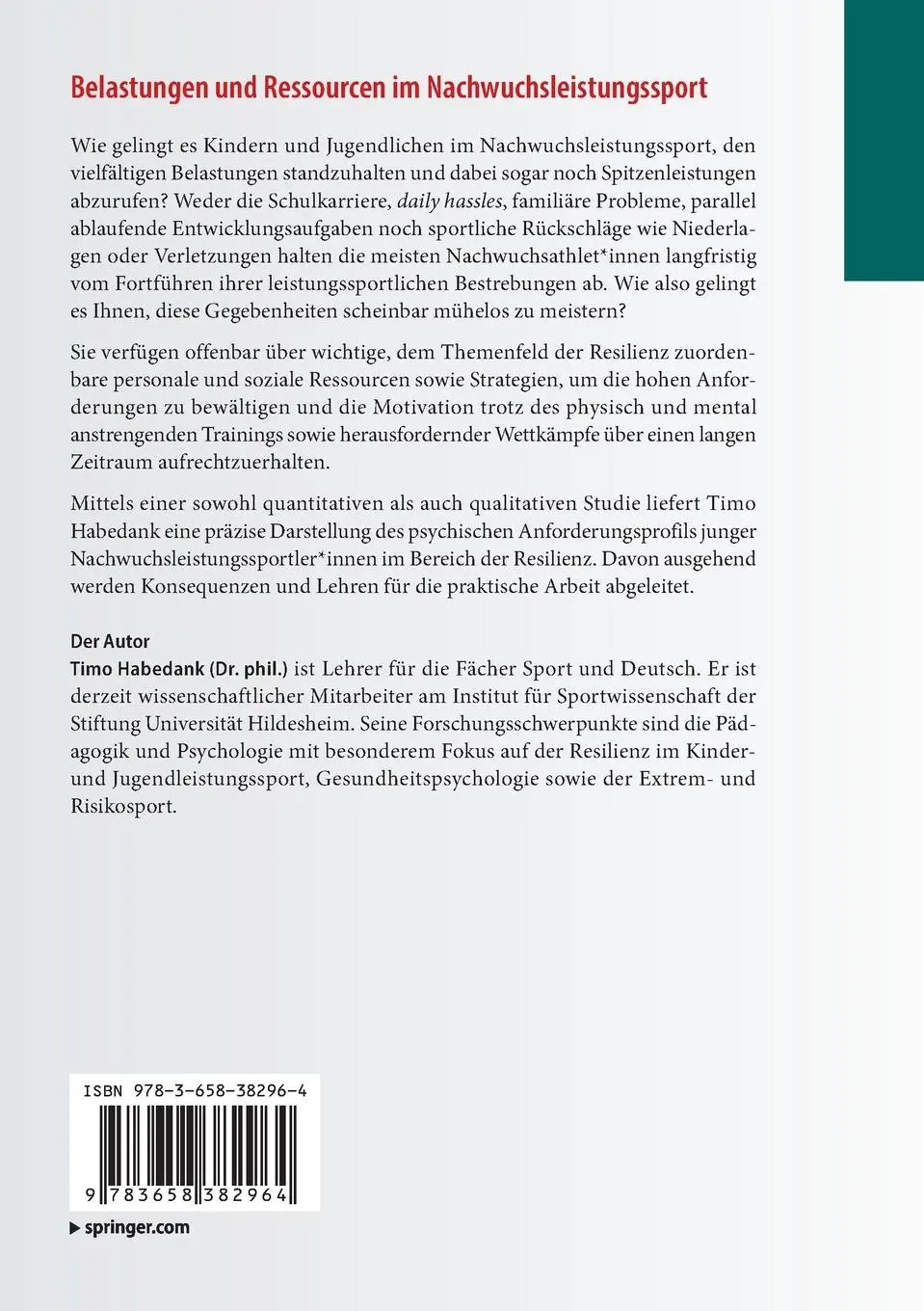Rückseite: 9783658382964 | Belastungen und Ressourcen im Nachwuchsleistungssport | Timo Habedank