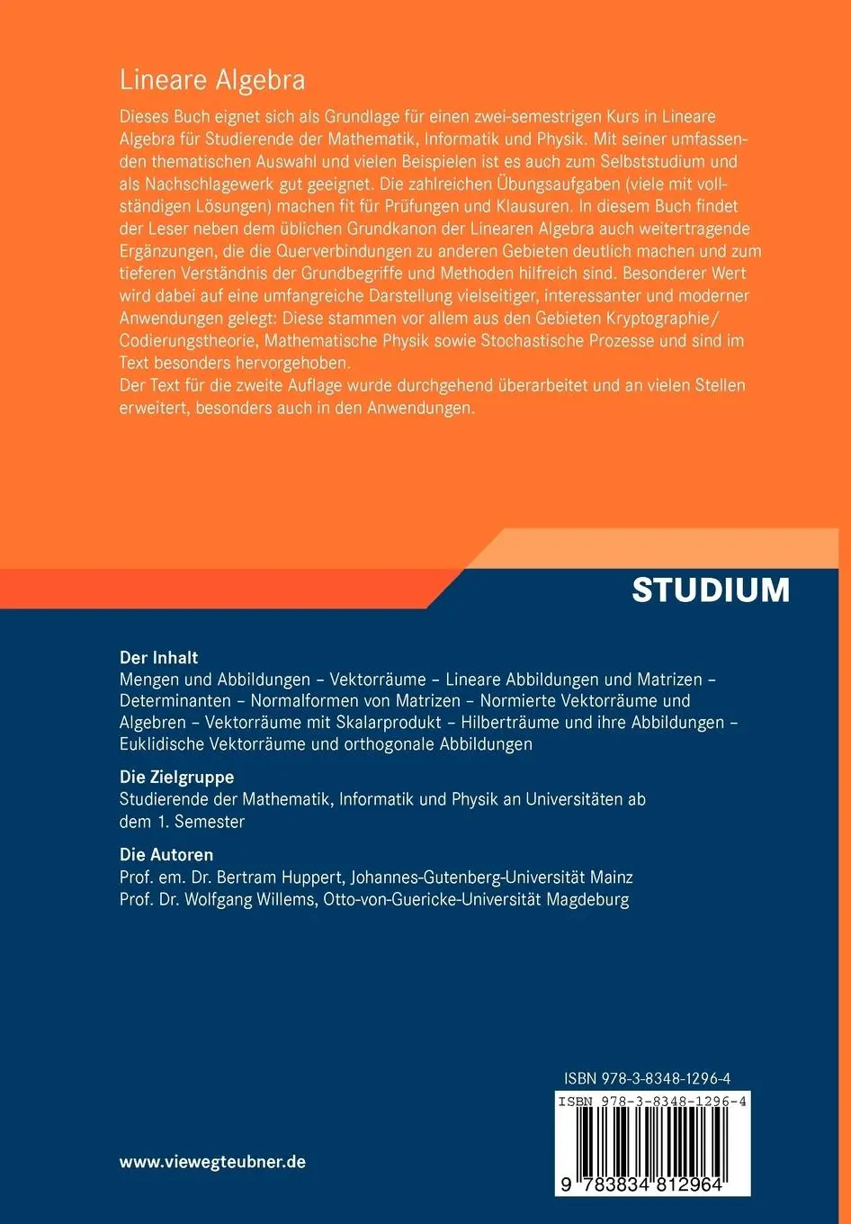 Rückseite: 9783834812964 | Lineare Algebra | Wolfgang Willems (u. a.) | Taschenbuch | xvi | 2010