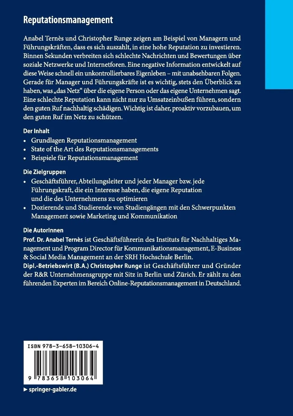 Rückseite: 9783658103064 | Reputationsmanagement | Manager und Führungskräfte | Runge (u. a.)