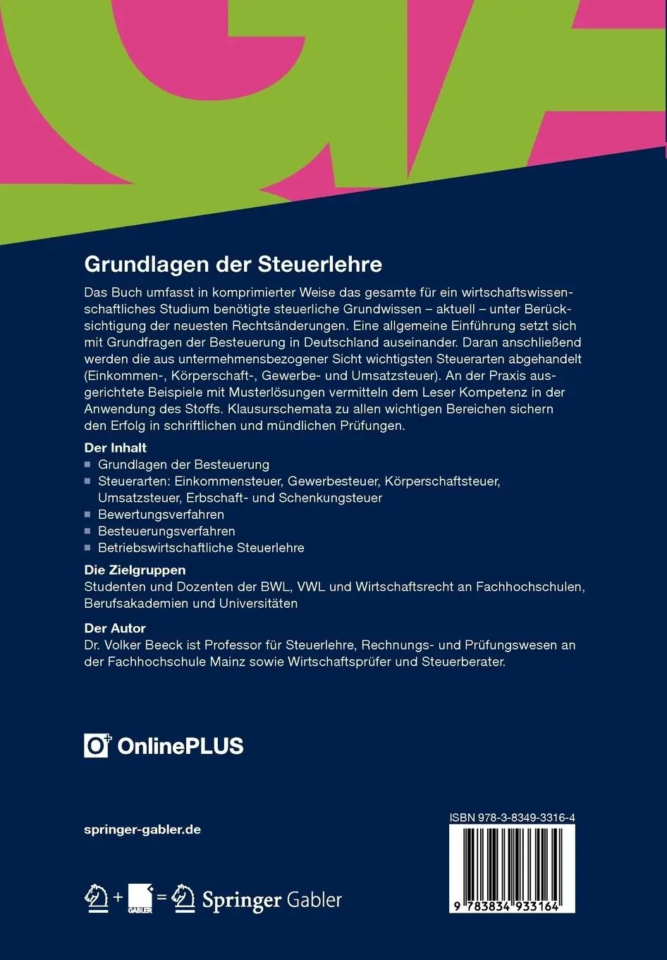 Rückseite: 9783834933164 | Grundlagen der Steuerlehre | Volker Beeck | Taschenbuch | Paperback