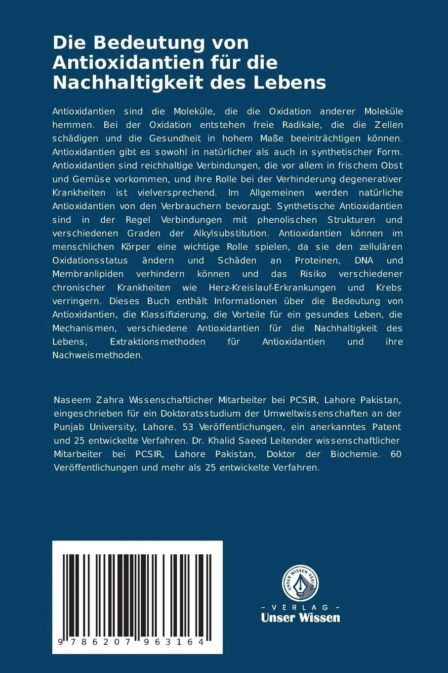 Rückseite: 9786207963164 | Die Bedeutung von Antioxidantien für die Nachhaltigkeit des Lebens