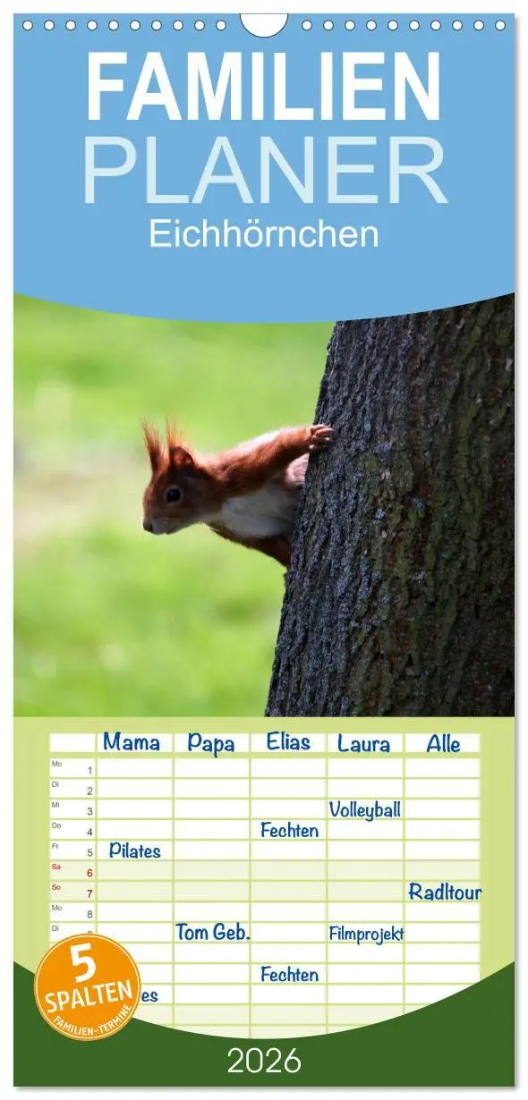 Cover: 9783516513264 | Familienplaner 2026 - Eichhörnchen mit 5 Spalten (Wandkalender, 21...