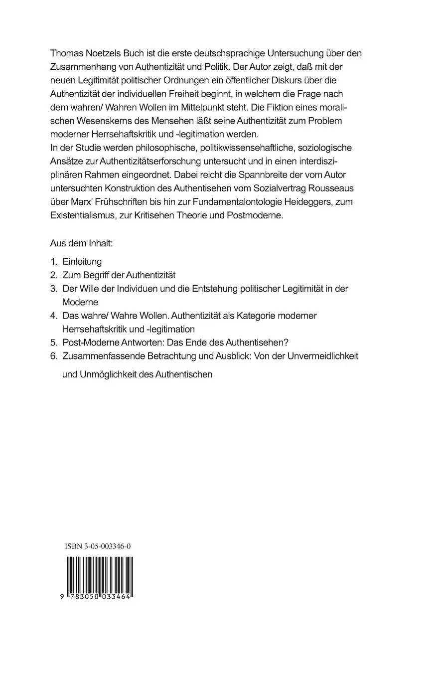 Rückseite: 9783050033464 | Authentizität als politisches Problem | Thomas Noetzel | Buch | 187 S.