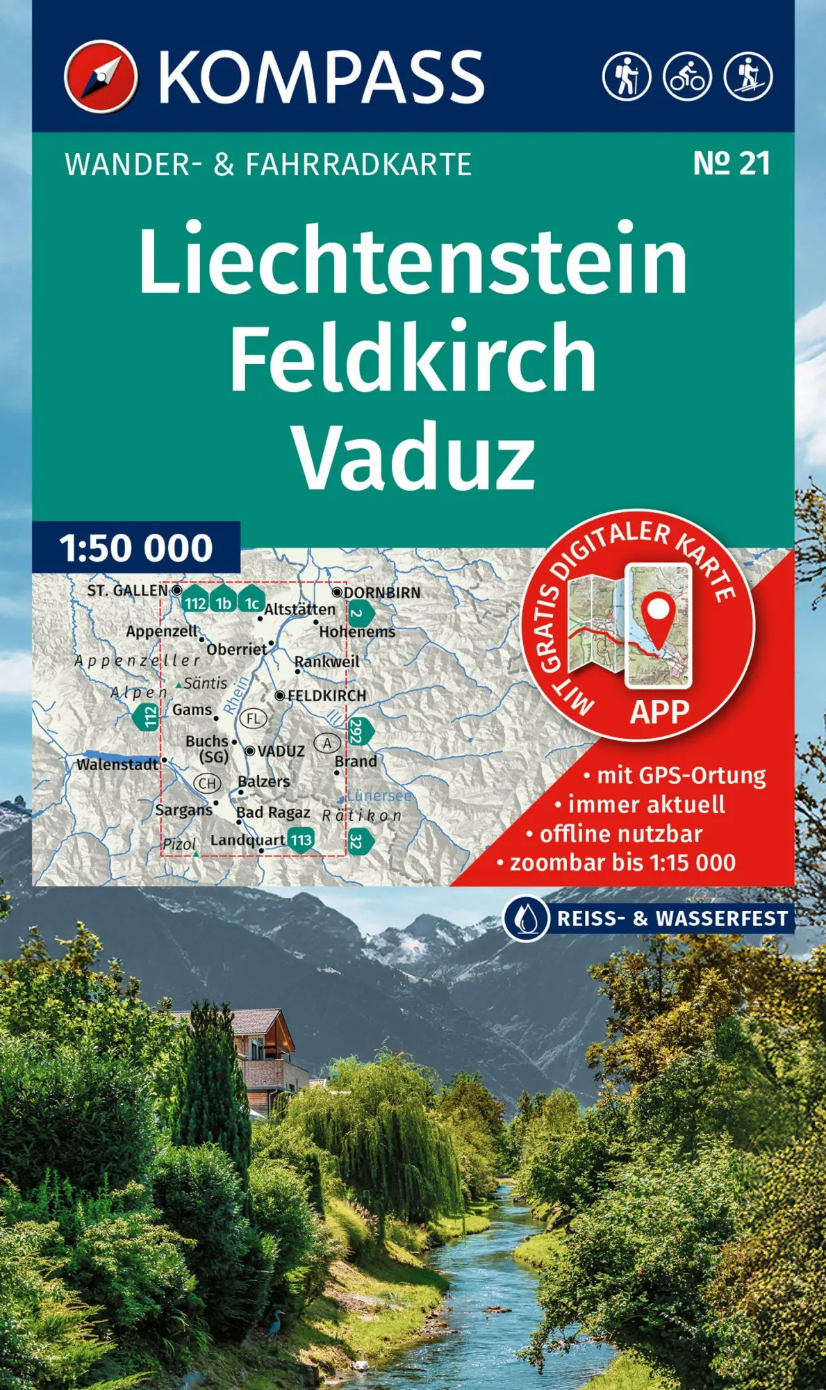 Cover: 9783991543664 | KOMPASS Wanderkarte 21 Liechtenstein, Feldkirch, Vaduz 1:50.000 | 2025