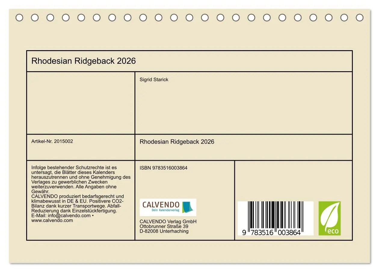 Bild: 9783516003864 | Rhodesian Ridgeback 2026 (Tischkalender 2026 DIN A5 quer), CALVENDO...