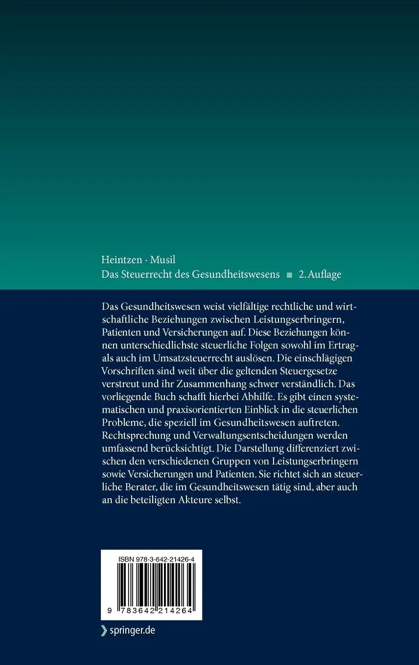 Rückseite: 9783642214264 | Das Steuerrecht des Gesundheitswesens | Systematik und Praxis | Buch