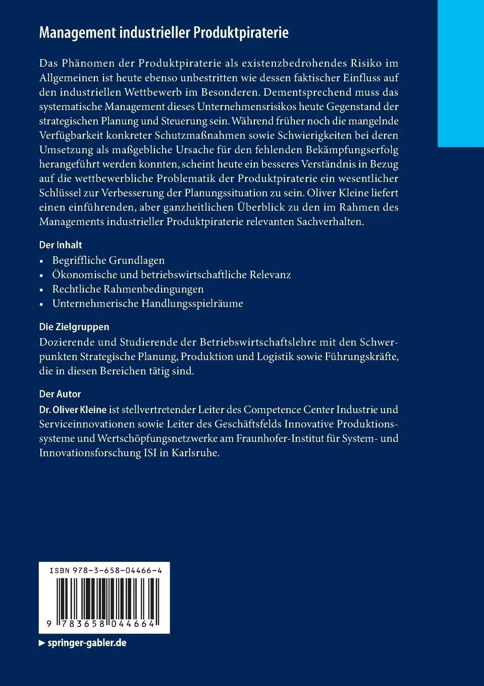 Rückseite: 9783658044664 | Management industrieller Produktpiraterie | Grundlagen und Überblick