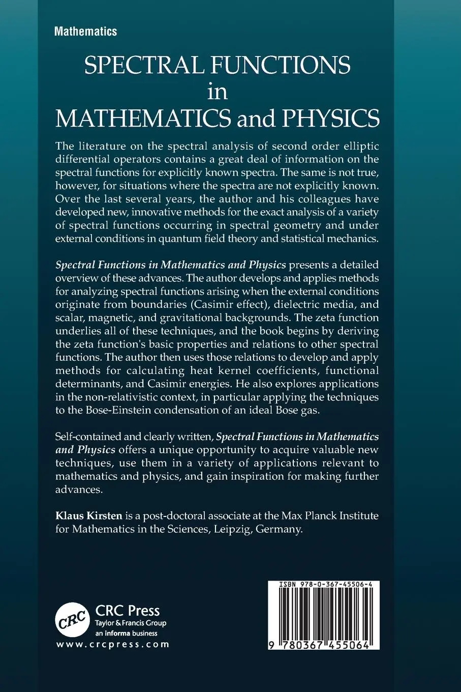 Rückseite: 9780367455064 | Spectral Functions in Mathematics and Physics | Klaus Kirsten | Buch