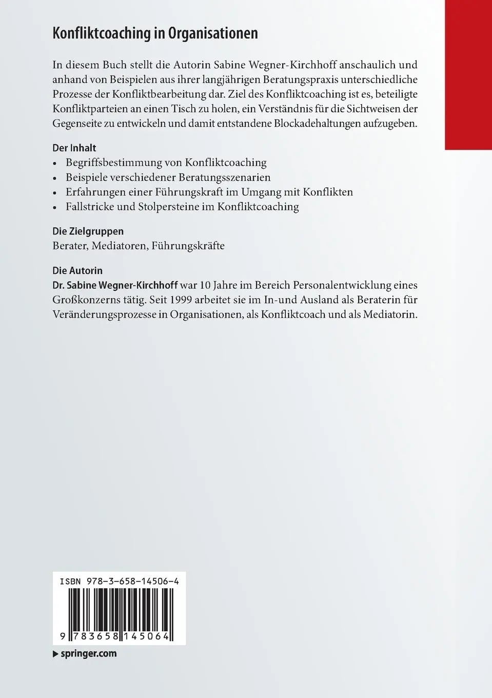 Rückseite: 9783658145064 | Konfliktcoaching in Organisationen | Sabine Wegner-Kirchhoff | Buch