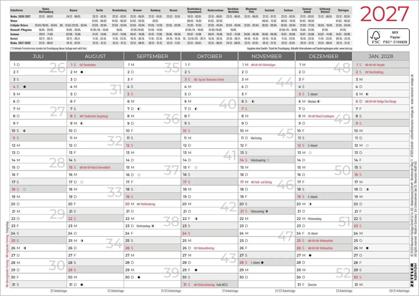 Bild: 4069095015364 | Tafelkalender A5 beidseitig 2027 | Kalender | 1 S. | Deutsch | 2027