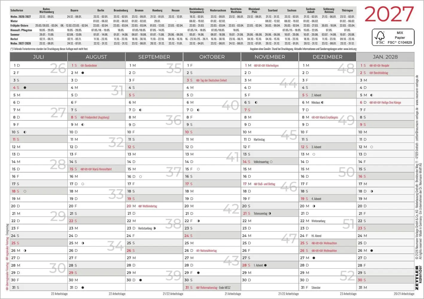 Bild: 4069095015364 | Tafelkalender A5 beidseitig 2027 | Kalender | 1 S. | Deutsch | 2027