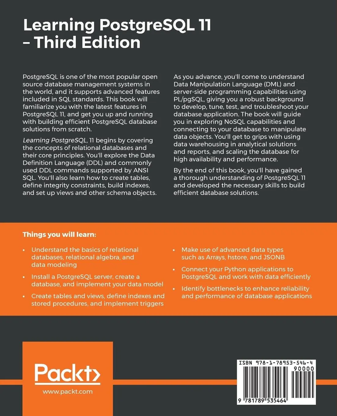 Rückseite: 9781789535464 | Learning PostgreSQL 11 - Third Edition | Salahaldin Juba (u. a.)