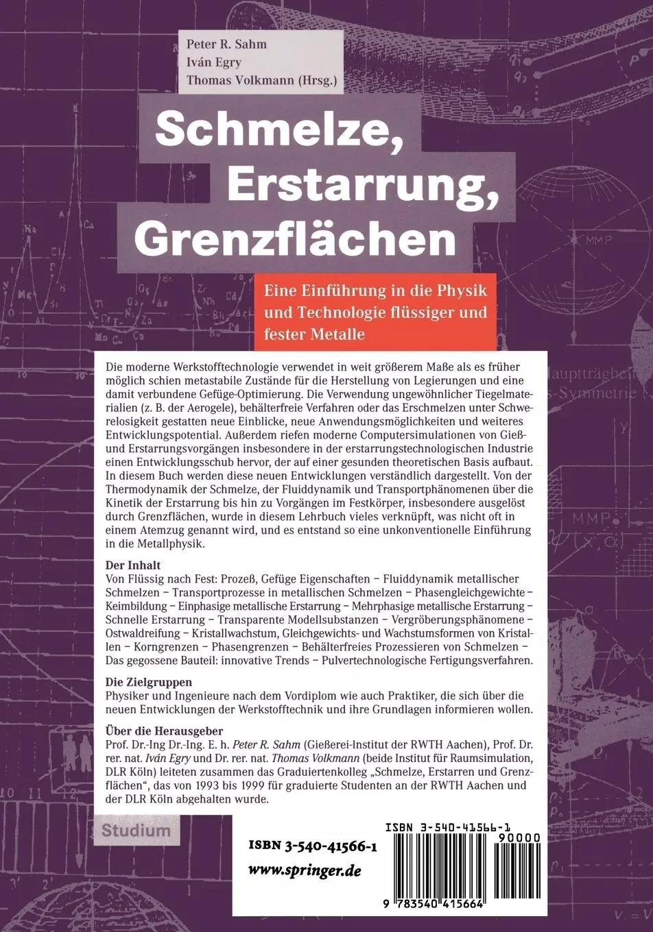 Rückseite: 9783540415664 | Schmelze, Erstarrung, Grenzflächen | Peter R. Sahm (u. a.) | Buch | xi