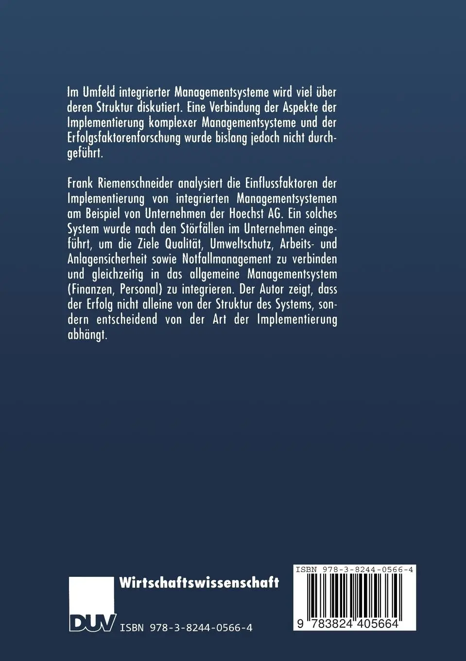 Rückseite: 9783824405664 | Implementierung integrierter Managementsysteme | Frank Riemenschneider