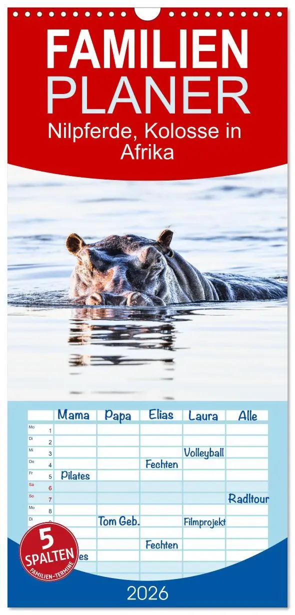 Cover: 9783516505764 | Familienplaner 2026 - Nilpferde, Kolosse in Afrika mit 5 Spalten...