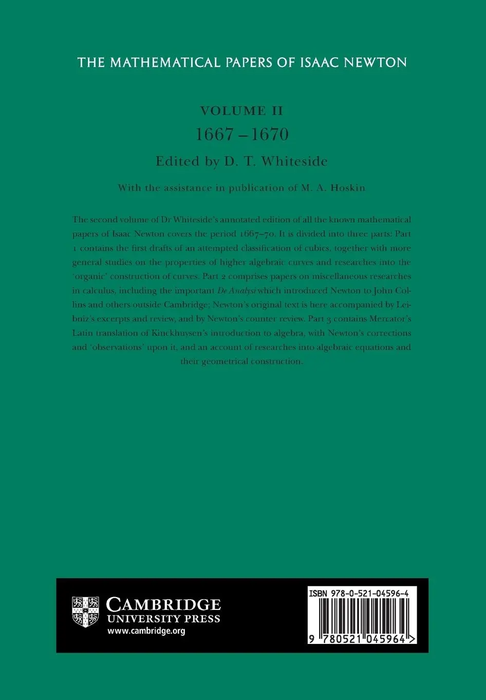 Rückseite: 9780521045964 | The Mathematical Papers of Isaac Newton | Volume 2, 1667-1670 | Newton