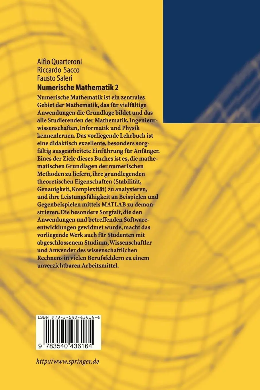 Rückseite: 9783540436164 | Numerische Mathematik 2 | Alfio Quarteroni (u. a.) | Taschenbuch | xiv
