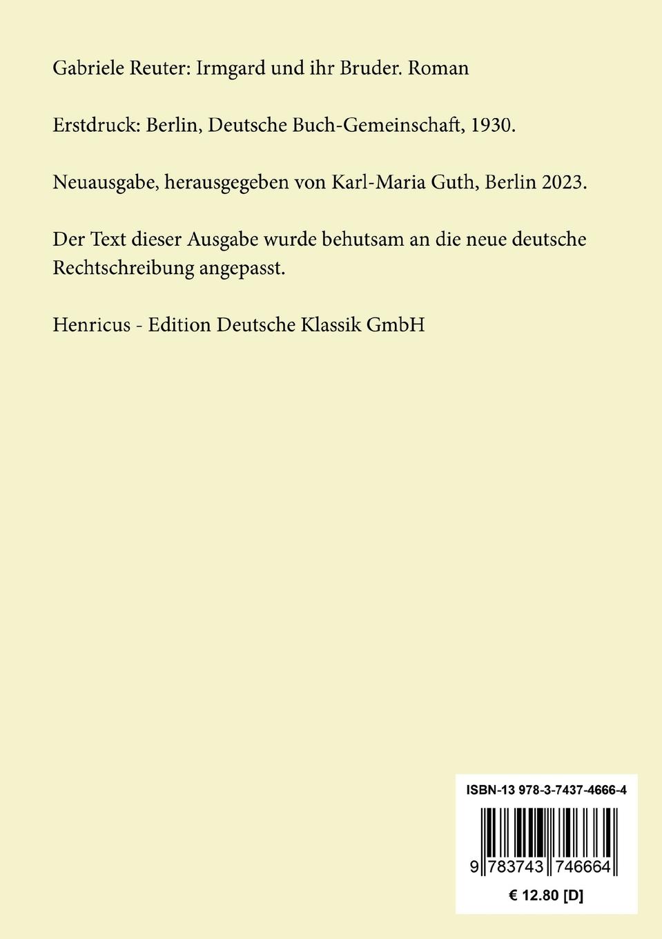 Rückseite: 9783743746664 | Irmgard und ihr Bruder | Roman | Gabriele Reuter | Taschenbuch | 2023