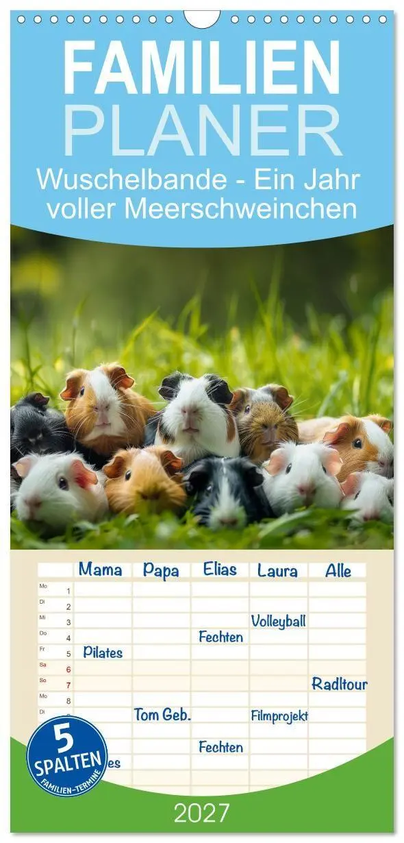 Familienplaner 2027 - Wuschelbande - Ein Jahr voller Meerschweinchen mit 5 Spalten (Wandkalender, 21 x 45 cm) CALVENDO