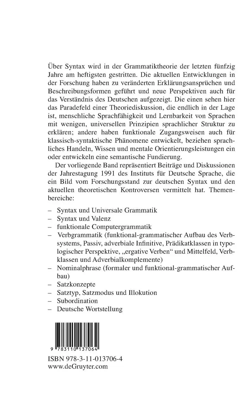 Rückseite: 9783110137064 | Deutsche Syntax | Ansichten und Aussichten | Ludger Hoffmann | Buch