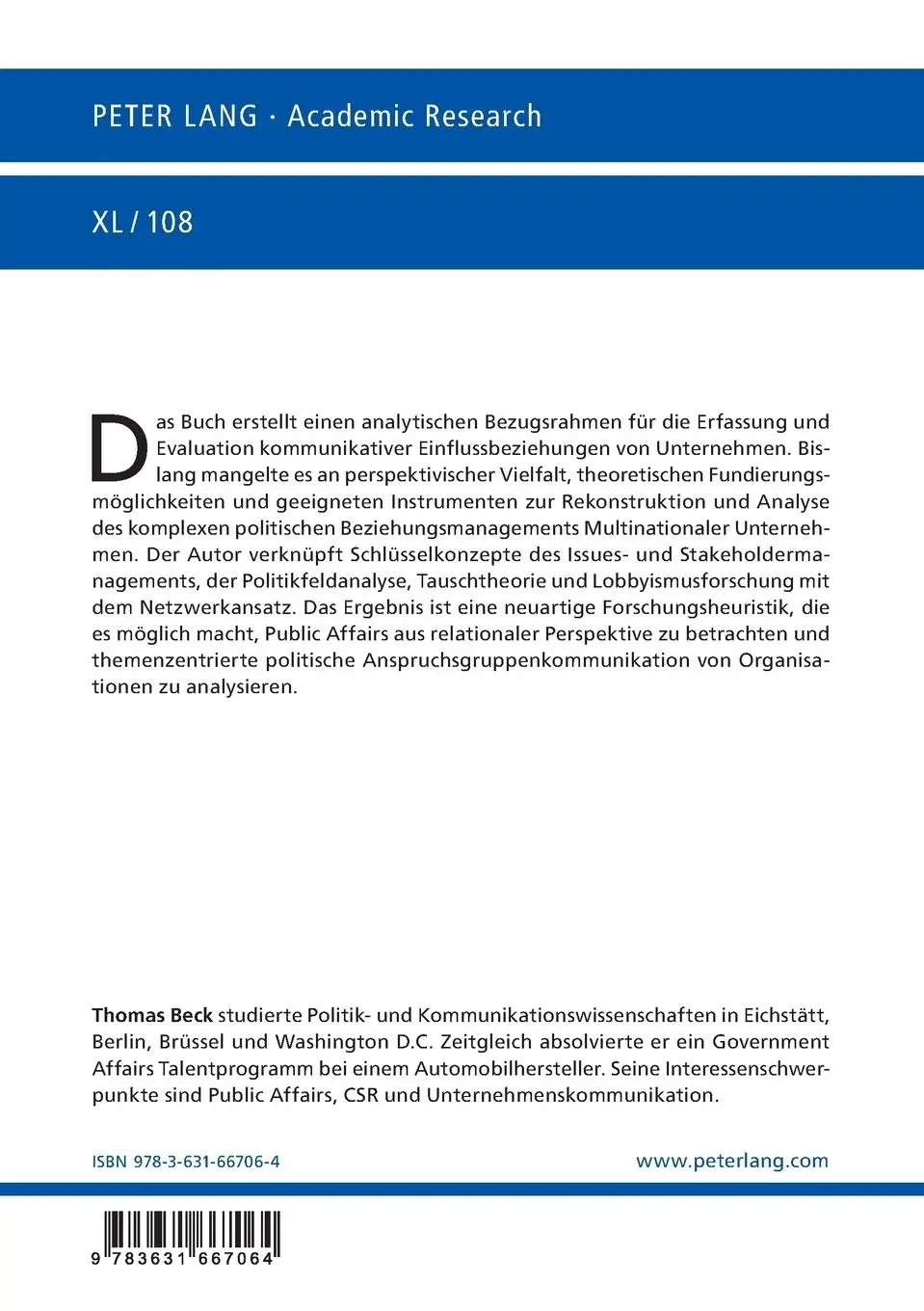 Rückseite: 9783631667064 | International Corporate Public Affairs Management | Thomas Beck | Buch