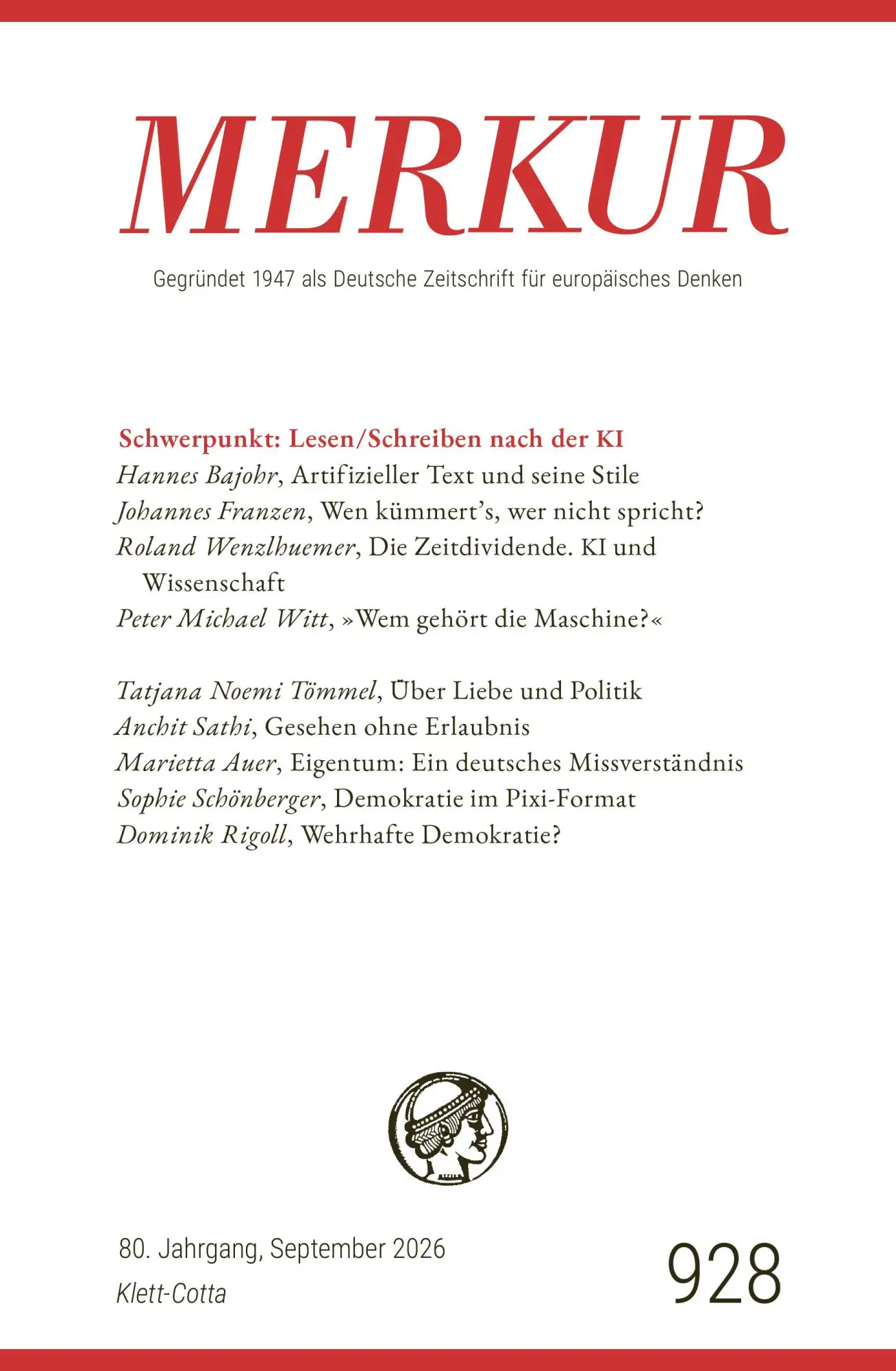 Cover: 9783608977264 | MERKUR 9/2026, Jg.80 | Nr. 928, Heft 09, September 2026 | Taschenbuch