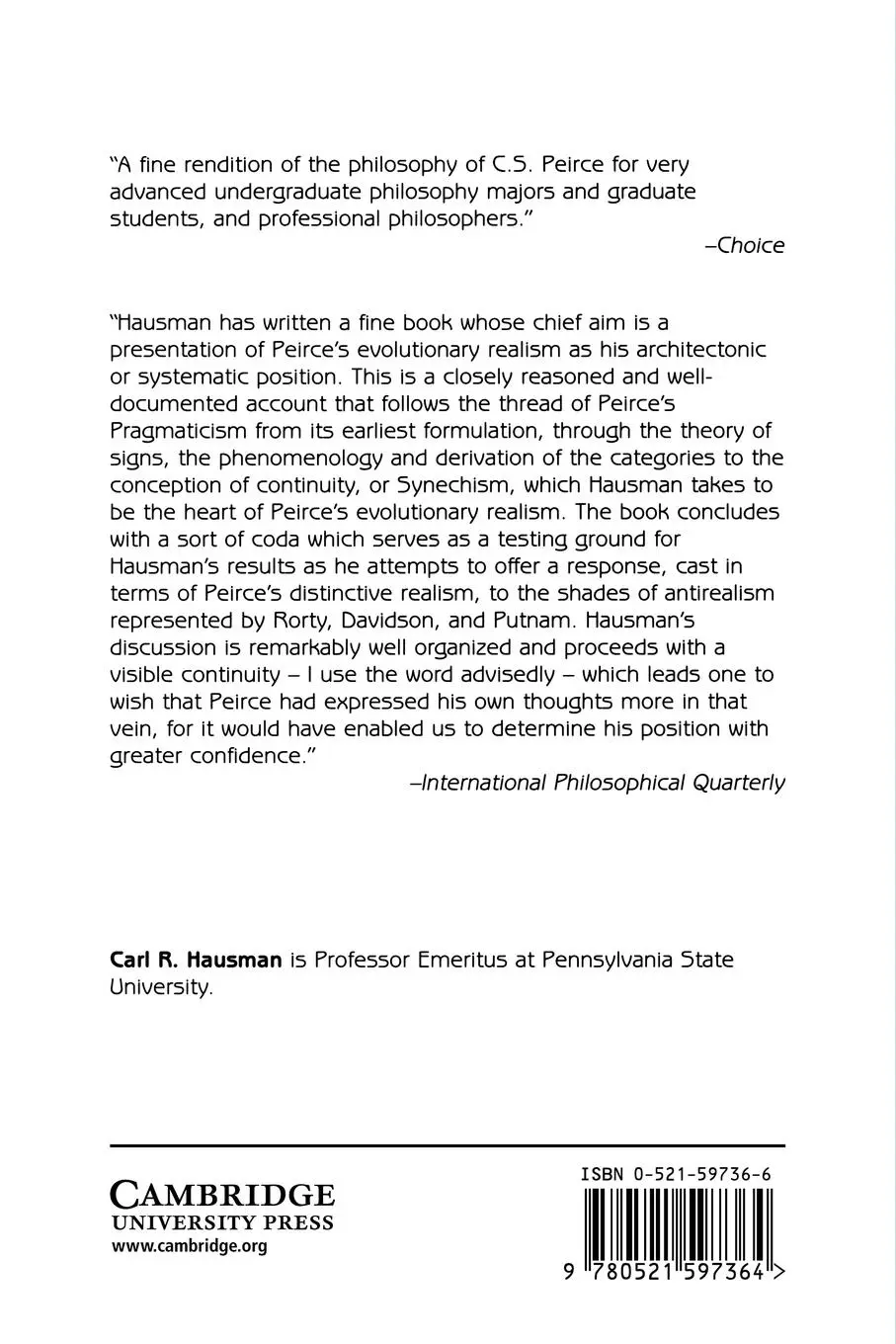 Rückseite: 9780521597364 | Charles S. Peirce's Evolutionary Philosophy | Carl R. Hausman | Buch