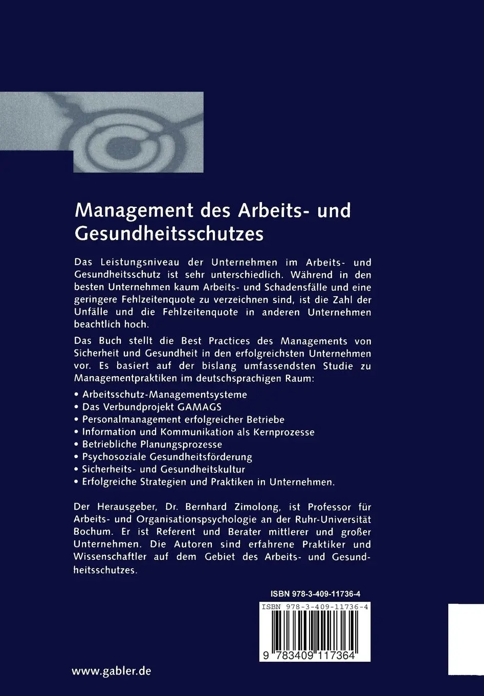 Rückseite: 9783409117364 | Management des Arbeits- und Gesundheitsschutzes | Bernhard Zimolong