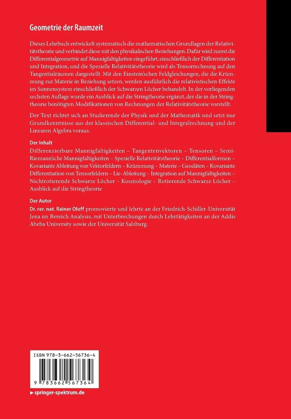 Rückseite: 9783662567364 | Geometrie der Raumzeit | Rainer Oloff | Taschenbuch | XXVII | Deutsch