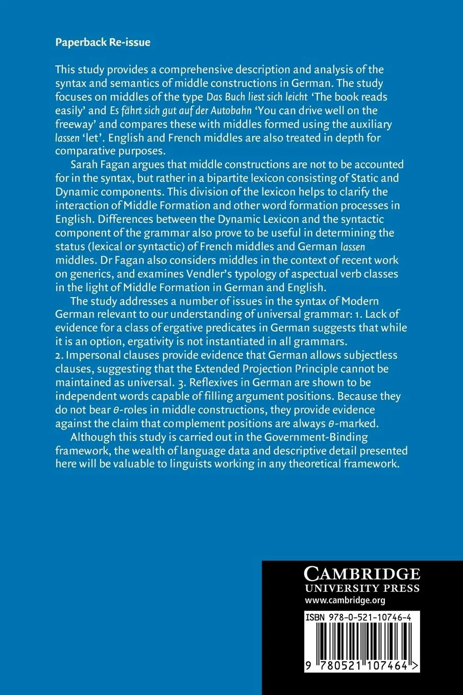 Rückseite: 9780521107464 | The Syntax and Semantics of Middle Constructions | Sarah M. B. Fagan