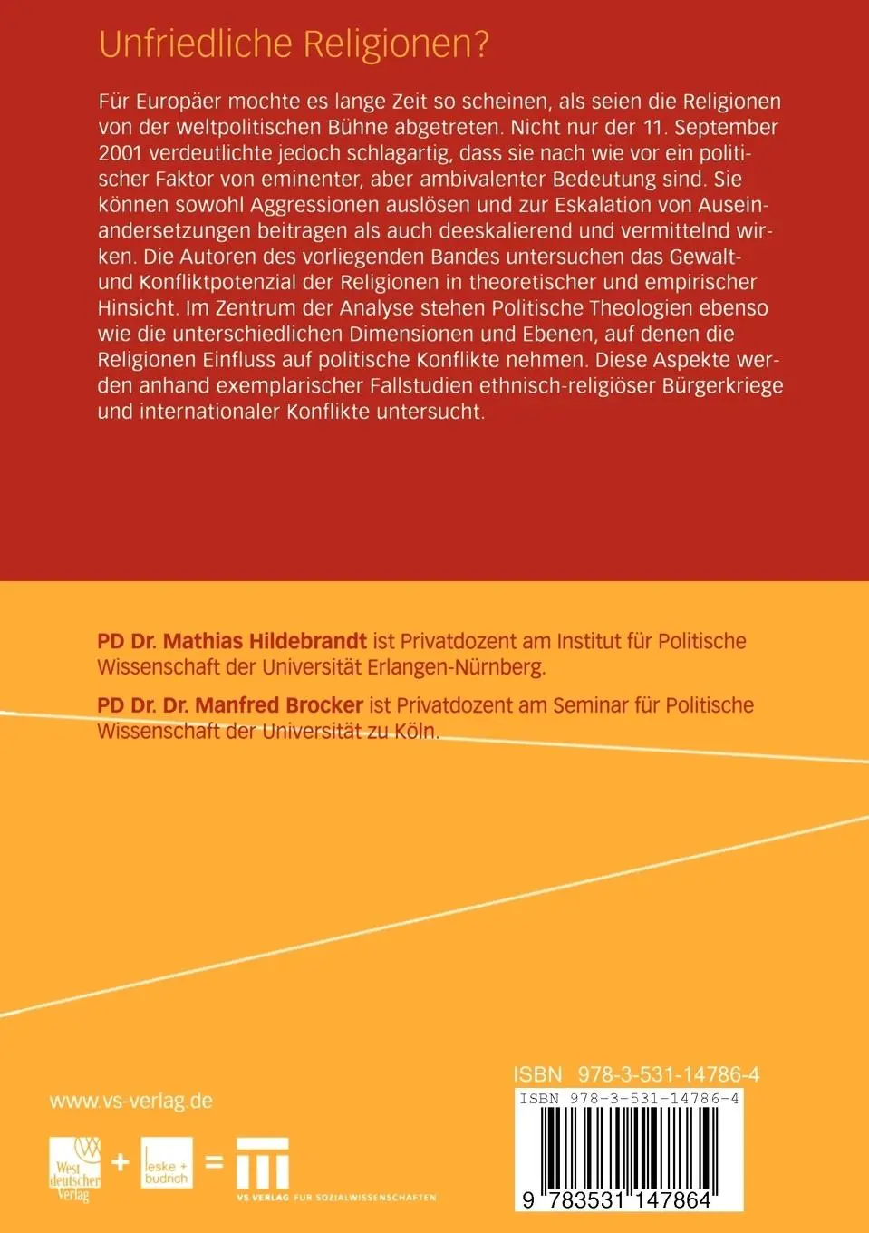 Rückseite: 9783531147864 | Unfriedliche Religionen? | Manfred Brocker (u. a.) | Taschenbuch