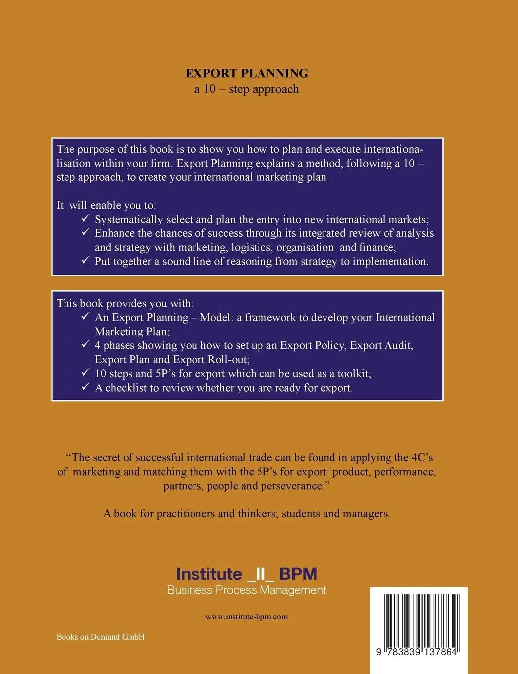 Rückseite: 9783839137864 | Export Planning | A 10 - step approach | Joris J. A. Leeman | Buch