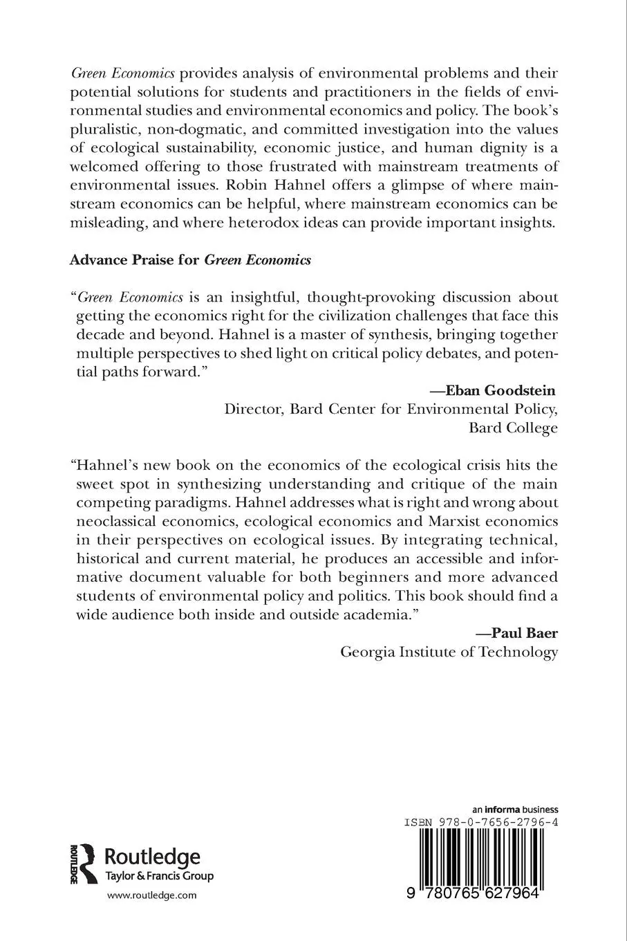 Rückseite: 9780765627964 | Green Economics | Confronting the Ecological Crisis | Robin Hahnel