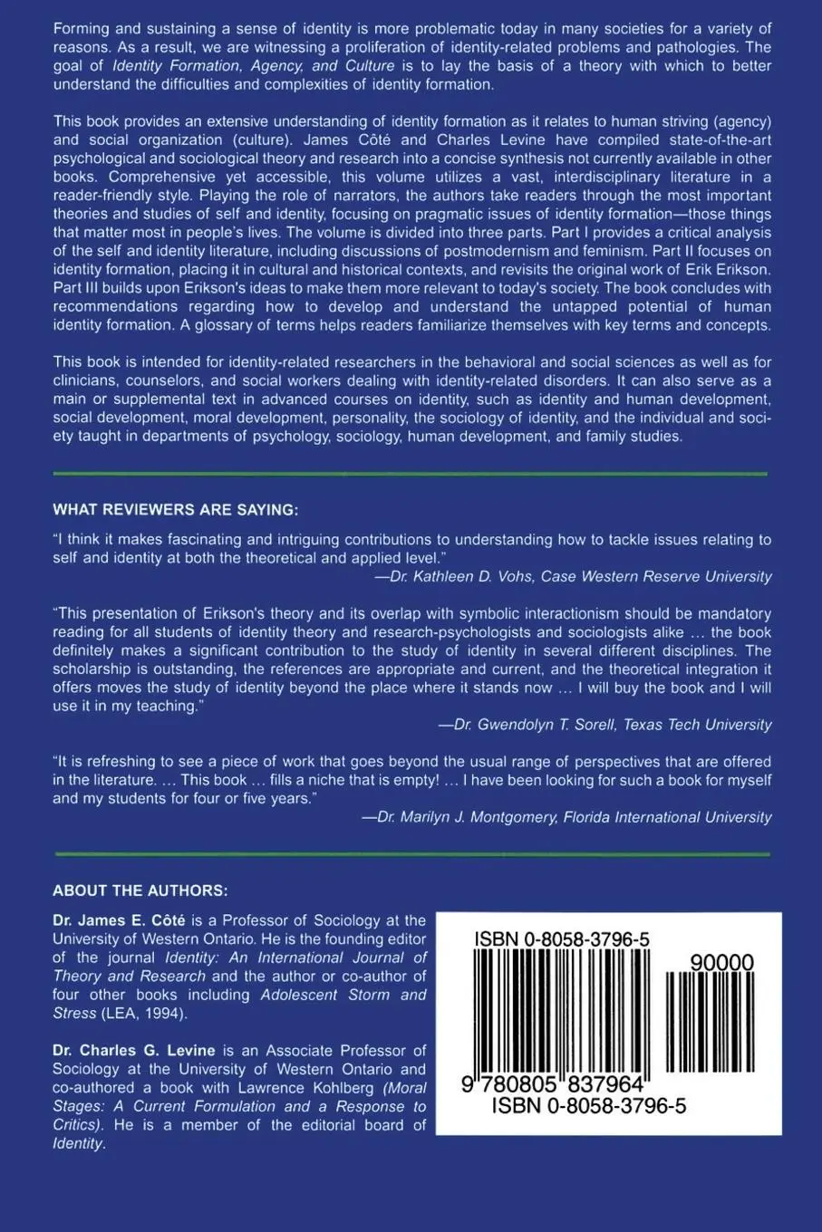Rückseite: 9780805837964 | Identity, Formation, Agency, and Culture | James E. Cote (u. a.)