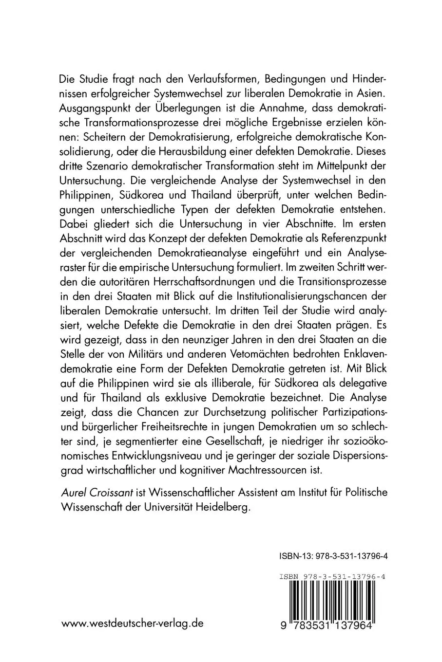 Rückseite: 9783531137964 | Von der Transition zur defekten Demokratie | Aurel Croissant | Buch