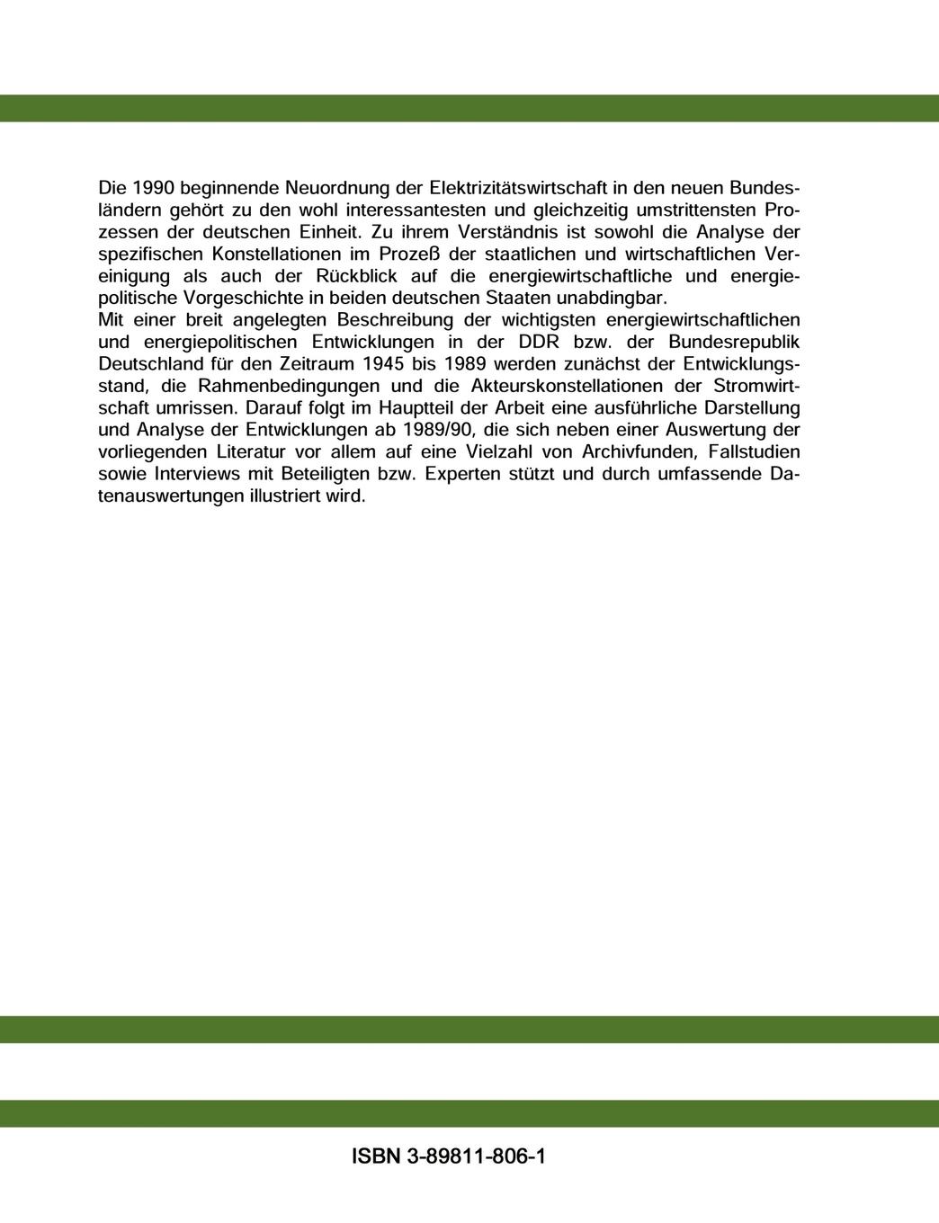 Rückseite: 9783898118064 | Stromwirtschaft und deutsche Einheit | Felix Christian Matthes | Buch