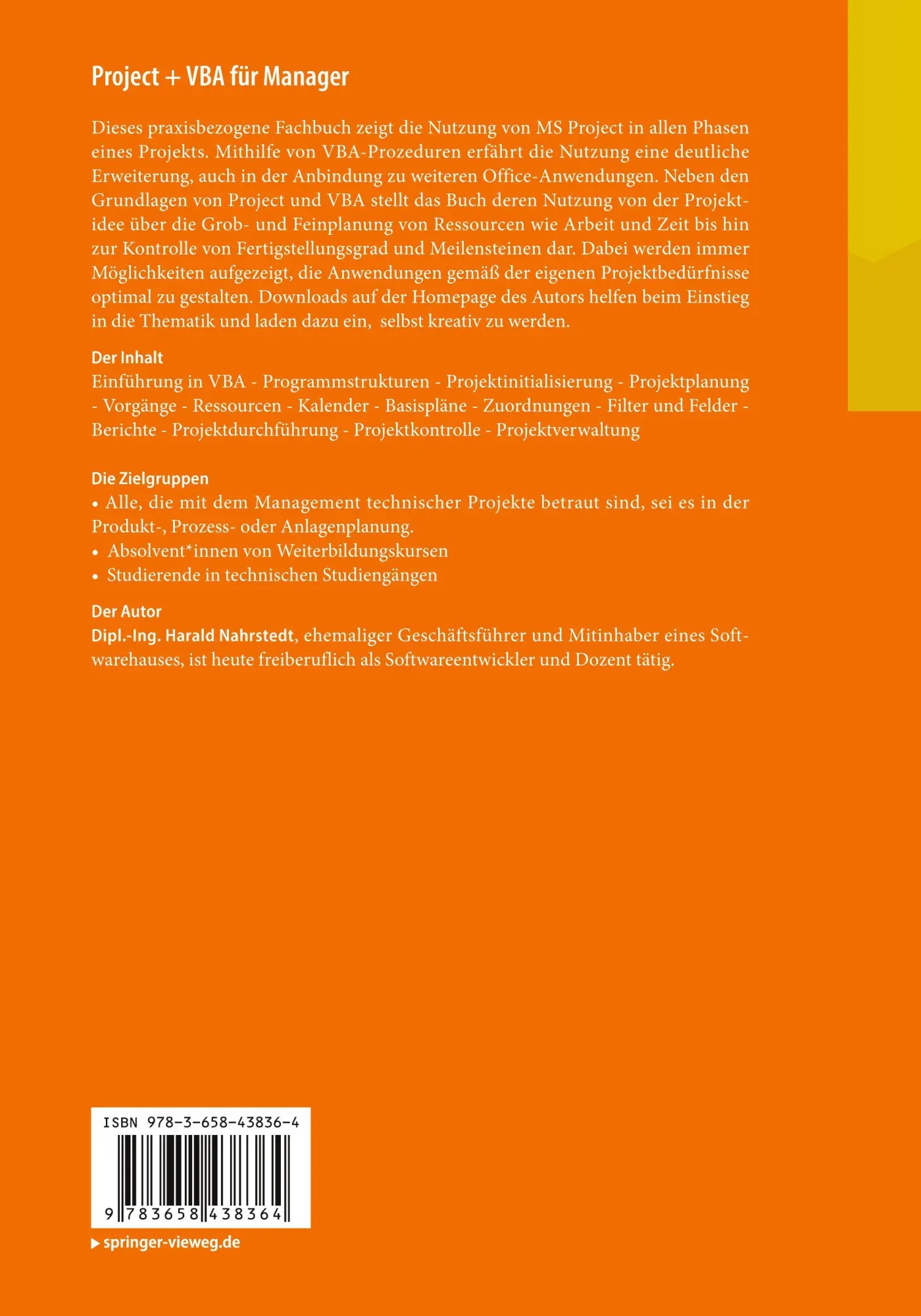 Rückseite: 9783658438364 | Project + VBA für Manager | Harald Nahrstedt | Taschenbuch | xv | 2024