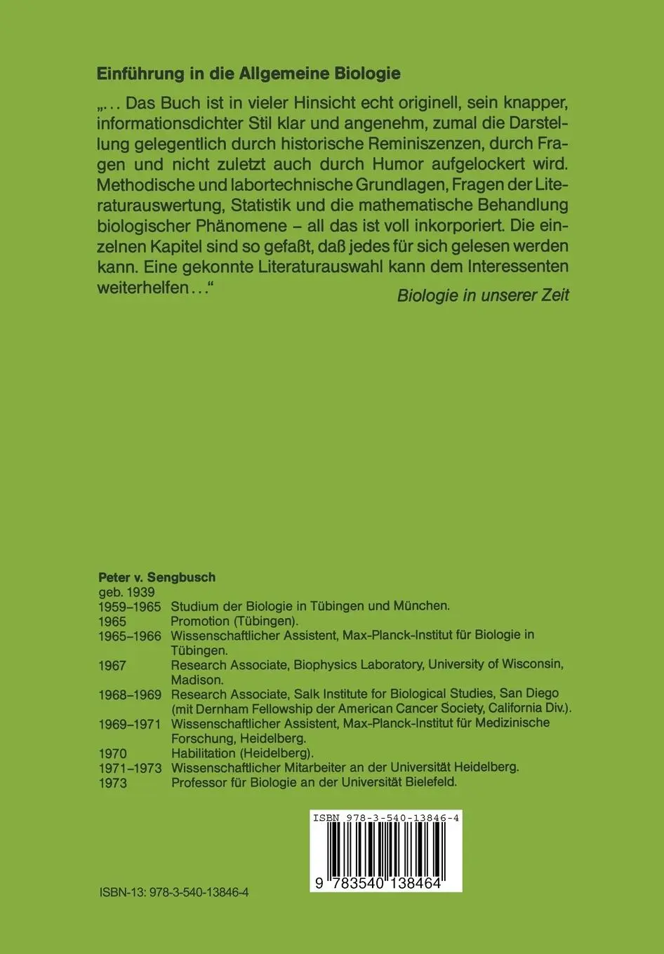 Rückseite: 9783540138464 | Einführung in die Allgemeine Biologie | P. V. Sengbusch | Taschenbuch