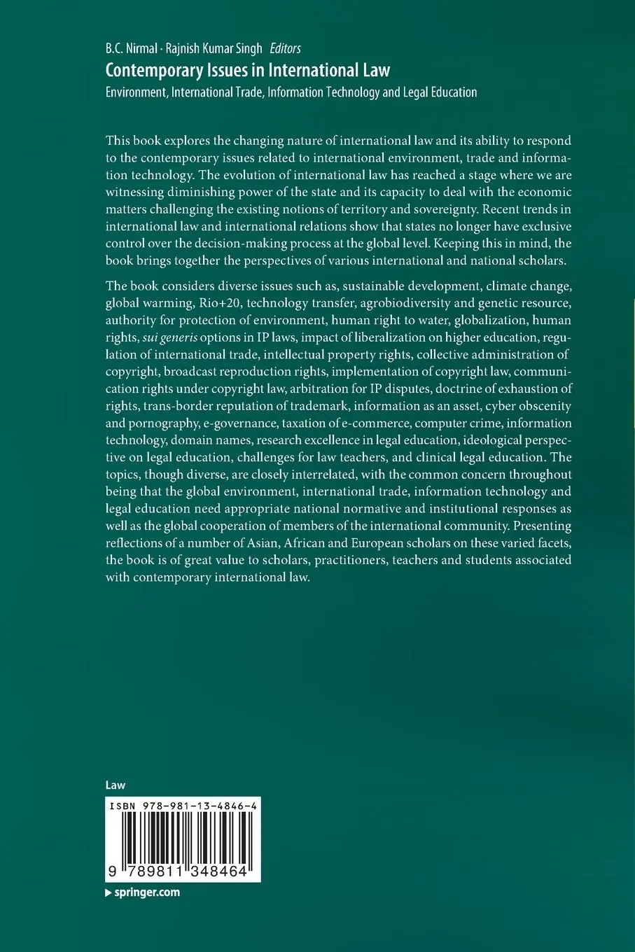 Rückseite: 9789811348464 | Contemporary Issues in International Law | Rajnish Kumar Singh (u. a.)