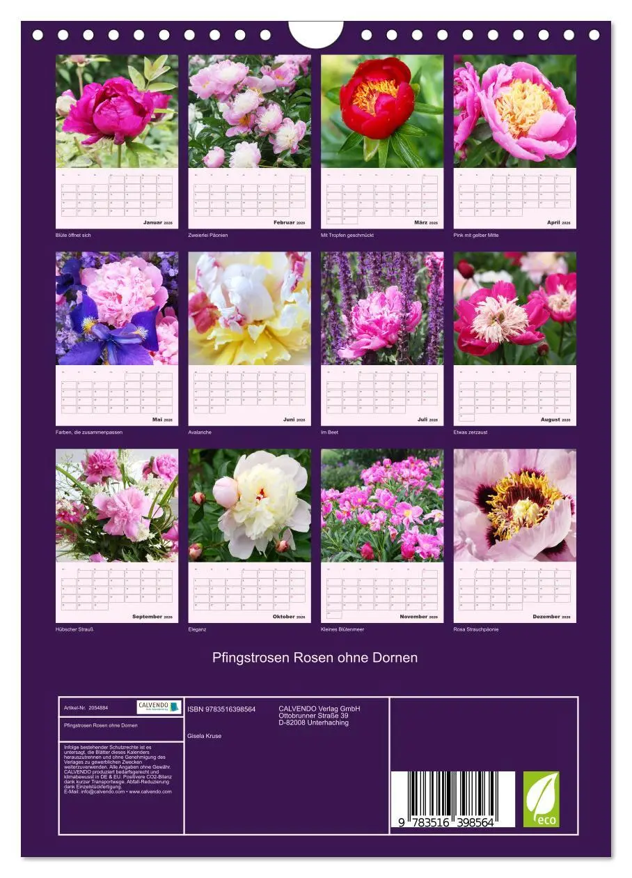 Bild: 9783516398564 | Pfingstrosen Rosen ohne Dornen (Wandkalender 2026 DIN A4 hoch),...
