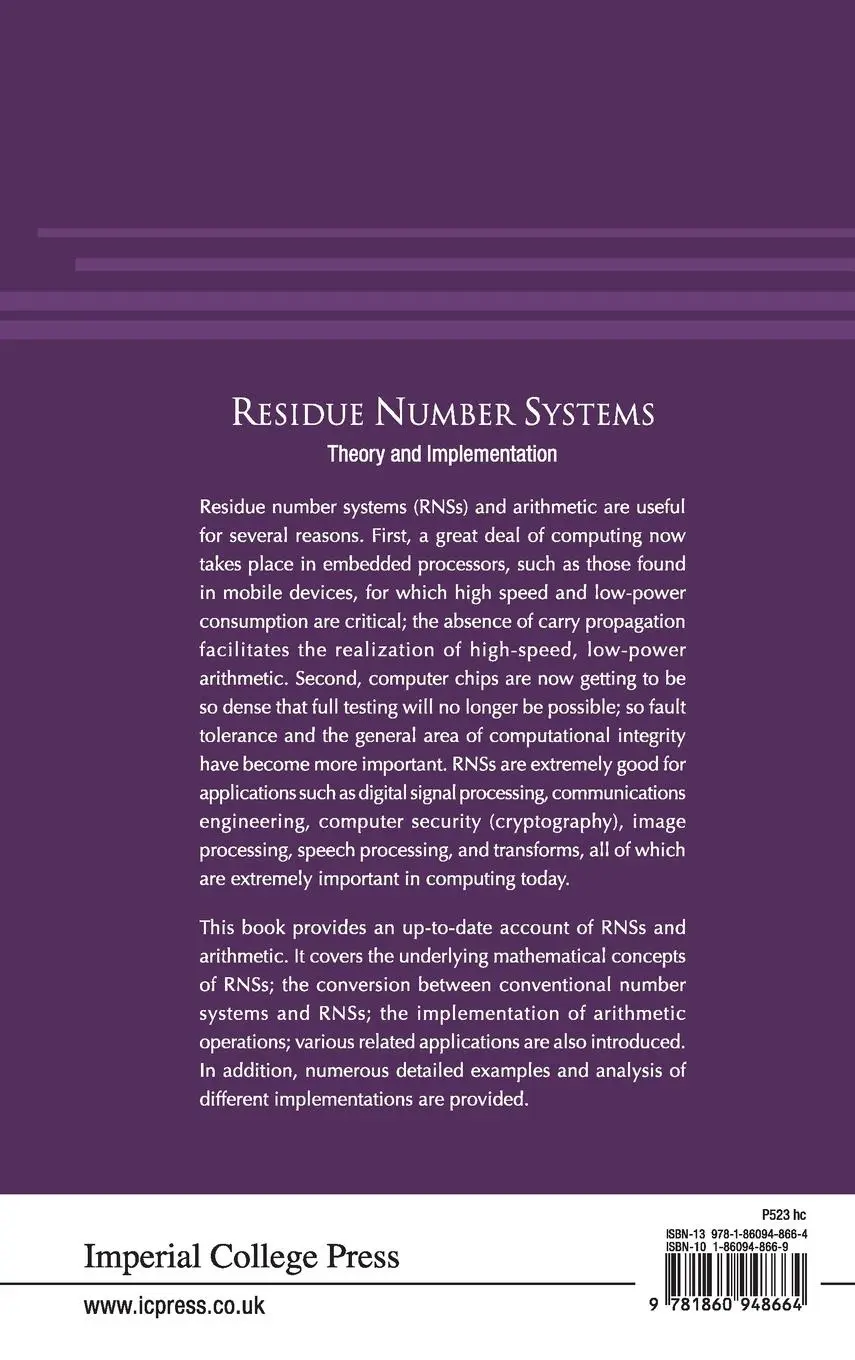 Rückseite: 9781860948664 | RESIDUE NUMBER SYSTEMS (V2) | Amos Omondi &amp; Benjamin Premkumar | Buch