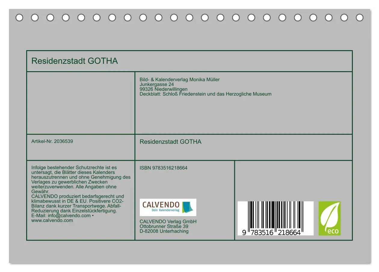 Bild: 9783516218664 | Residenzstadt GOTHA (Tischkalender 2026 DIN A5 quer), CALVENDO...