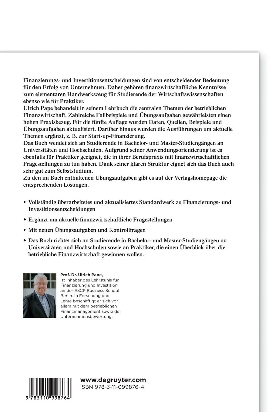 Rückseite: 9783110998764 | Grundlagen der Finanzierung und Investition | Ulrich Pape | Buch