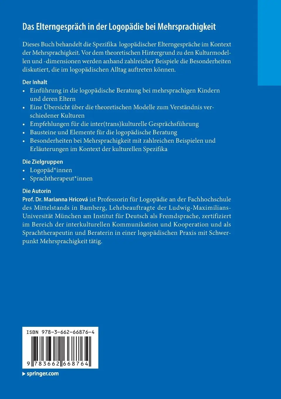 Rückseite: 9783662668764 | Das Elterngespräch in der Logopädie bei Mehrsprachigkeit | Hricová
